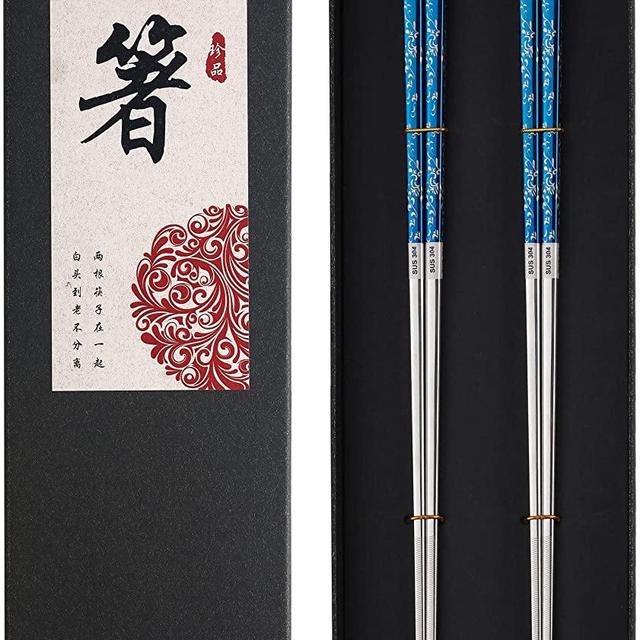 Titanium Plated Chopstick Stainless Steel Chopsticks Metal Chopsticks Reusable Dishwasher safe Premium Laser Engraved Chop Sticks for Eating 2 Pairs Gift Set Blue Silver