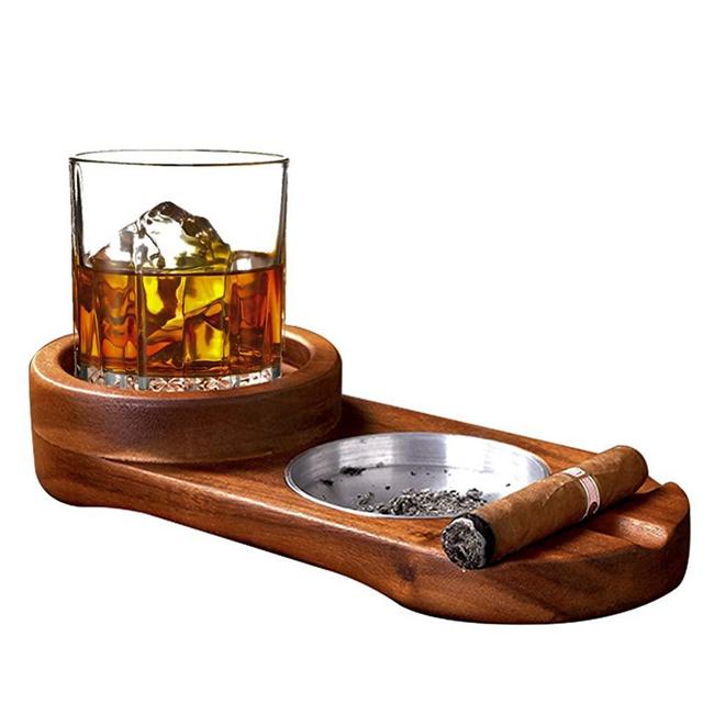 Cigar Ashtray Coaster/Whiskey Glass Tray and Cigar Holder, Wooden Cigar Ashtray, Slot to Hold Cigar, Cigar Rest, Cigar Accessory Set Gift for Men/ Round