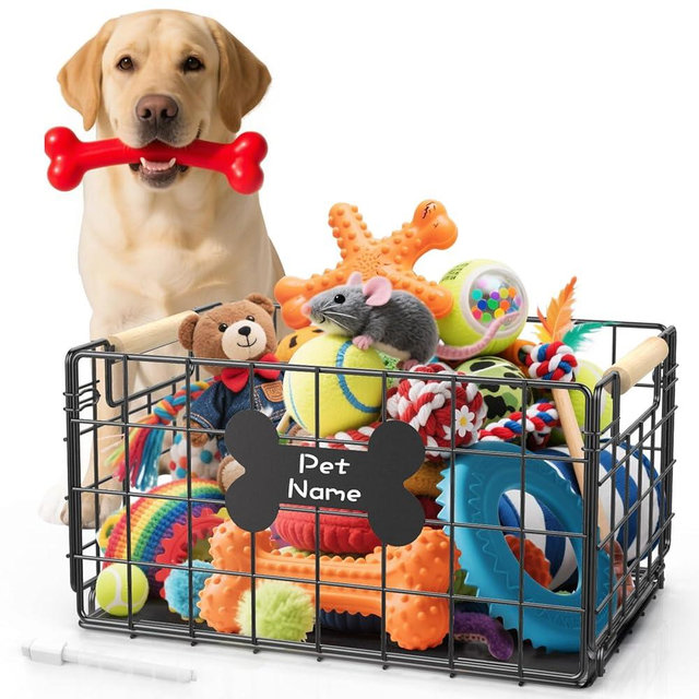 Tivray Dog Toy Basket, Chew-Proof Metal Dog Toy Bin with Handles, Pet Stuff Storage Organizer Box for Dogs with Marker Pen, Portable & Foldable Puppy Toys Basket for Living Room, 15.8''×11.8''×11.8''