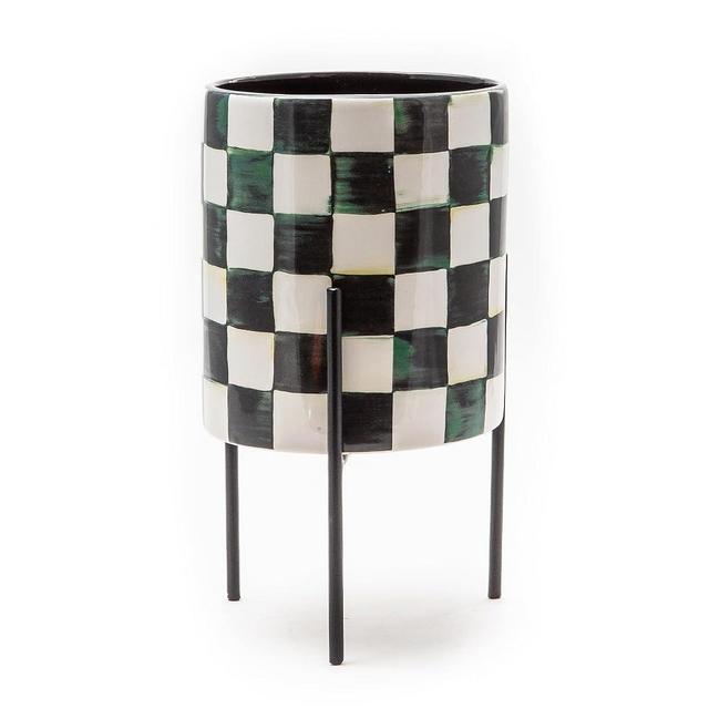 MACKENZIE-CHILDS Tabletop Ceramic Planter with Stand, Decorative Pot for Indoor Plants, Black-and-White Courtly Check