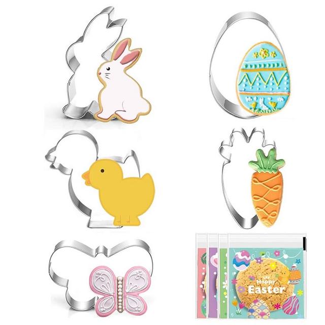 Large Easter Cookie Cutters - 5 pieces Cookie Cutters Shape - Bunny, Egg, Carrot, Chick and Butterfly Shapes for Easter Food Party Decorations