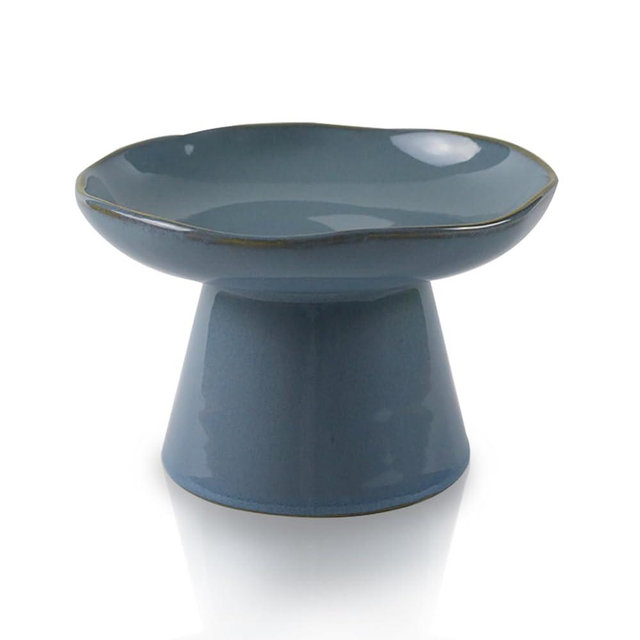Extra Wide 6.1" Ceramic Raised Cat Food Bowl, Shallow Elevated Pet Feeder for Food Feeding, Anti Vomiting Whisker Fatigue Bowls for Cat Puppy, Blue