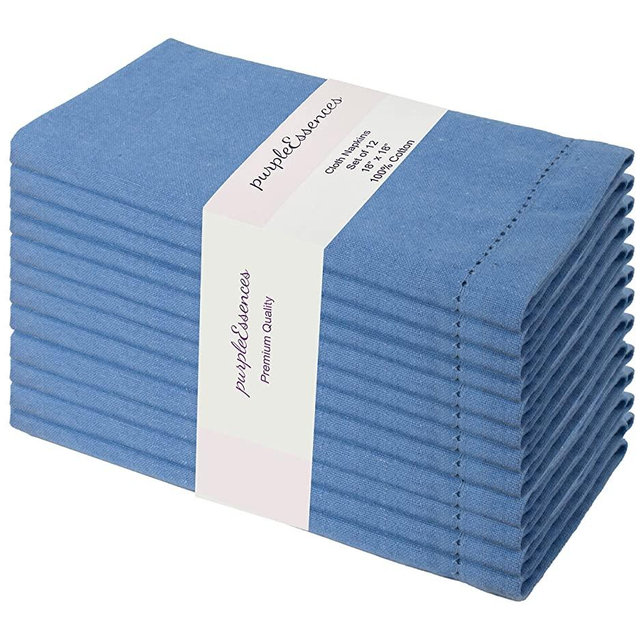 PurpleEssences Set of 12 Hemstitch Cloth Dinner Napkins 100% Cotton - Soft Durable Washable -Ideal for Events Wedding Christmas Easter-Perfect Everyday Use Table Linen 18x18 Light Blue