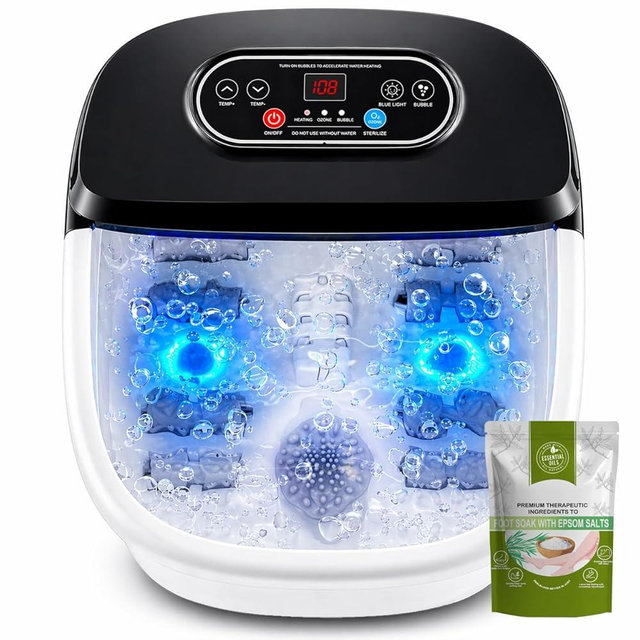 RIGHTMELL Foot Spa with Ozone & Blue Light, Bubble Massage & 8 Rollers, Adjustable Constant Temperature (95℉-118℉), Large Capacity Foot Massager with Epsom Salt for Home & Office Relaxation