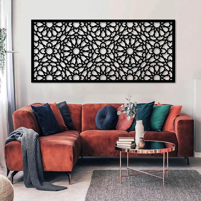 Large Moroccan Metal Wall Art, Traditional Wall Art, Arabic Wall Art, Islamic Metal Wall Art, Traditional Moroccan Mashrabiya Wall Decor, Rustic Wall Art, Home Wall Decor (Black, 13"x30"|33x76cm)
