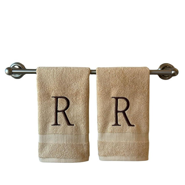 Beige Initial Hand Towel for Bathroom - Monogrammed Luxury Hotel Quality Decorative Embroidered Towel for Powder Room, Spa - GOTS Organic Certified - Set of 2 Brown Letter R