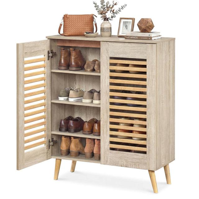 Costway Shoe Cabinet with 2 Louvered Doors&3 Removable Shelves,5-Tier NarrowCabinet Natural