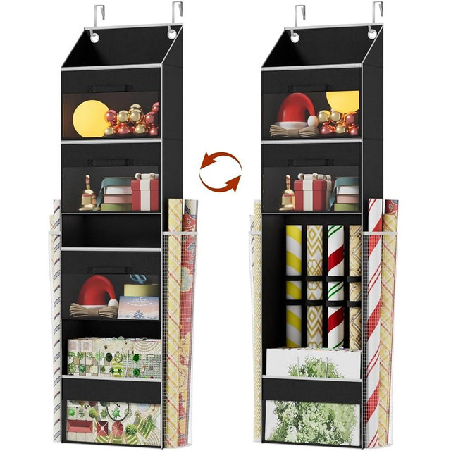 Black Over Door Wrapping Paper Organizer Storage with 3 Removable Drawers & Side Pockets – Dual Use Design with Elastic Straps – Christmas Gift Wrap Storage for Ribbons, Bows,Ornament and Other Tools