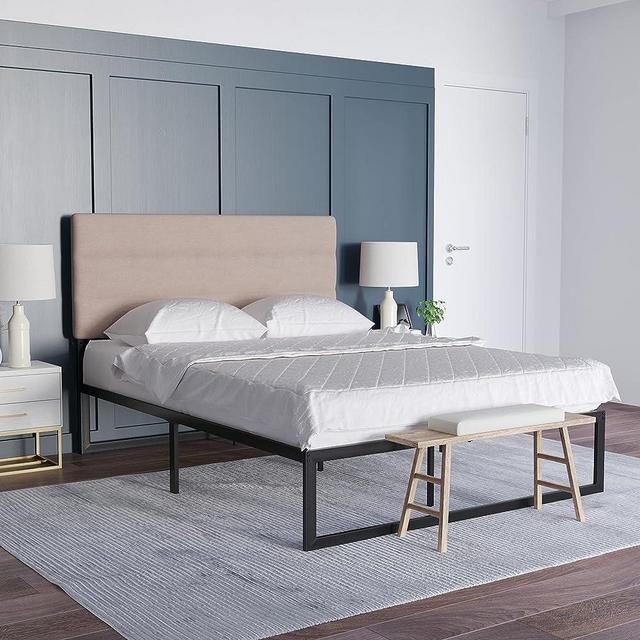 EMMA + OLIVER Gannon Modern Taupe Fabric Upholstered Queen Headboard with Horizontal Line Stitching and Adjustable Height Rail Slots