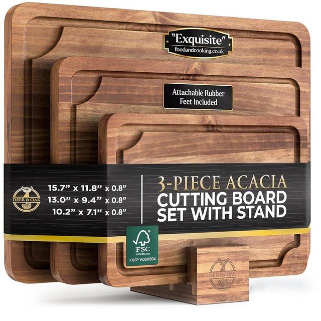 Pre-Oiled, Non Toxic 3-Piece Acacia Cutting Board Set with Stand, FSC Certified Wooden Chopping Boards with Juice Grooves for Meat. 3 Size Wood Carving Boards for Home & BBQ Kitchens by Deer & Oak
