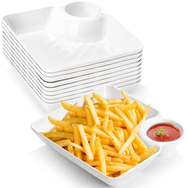 Lawei 10Pcs Chips and Dip Plates, Plastic Serving Platter Set Dumpling Plate with Dipping Saucer, White Divided Snack Serving Dishes for Appetizer, Sushi, Taco Salsa, Charcuterie, Reusable