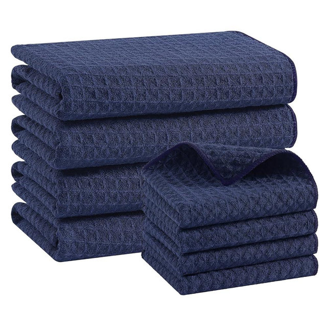 Homaxy Microfiber Waffle Weave Kitchen Towels Set, 16 x 28 Inch and 12 x 12 Inch Ultra Absorbent and Solid Color Dish Towels, 8 Pack, Navy Blue