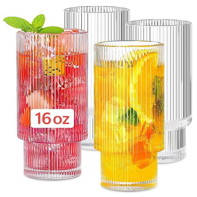 Lvtrupc Ribbed Glass Cups Set, Coffee Bar Accessories, Vintage Glassware for Whiskey Cocktail Beer Iced Coffee Tea Smoothie Soda, Birthday Gifts (4Pcs 16oz)