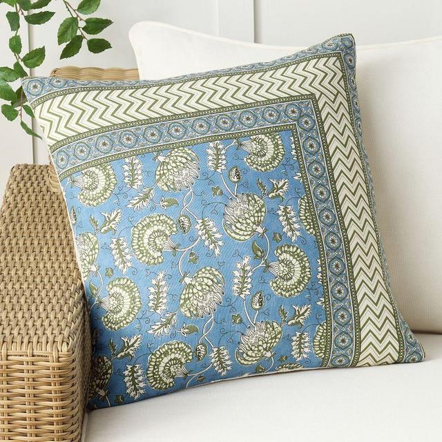 Lorina Border Block Printed Outdoor Pillow, Blue Multi, 22"