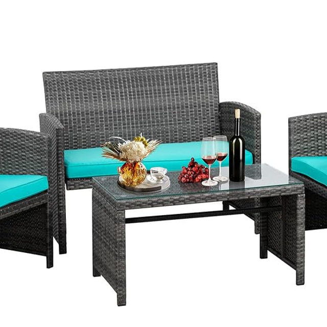 JAMFLY 4 Piece Outdoor Patio Furniture Set, Outdoor Wicker Rattan Chairs Conversation Sets with Cushions & Coffee Table for Outside, Garden, Balcony, Porch, Blue
