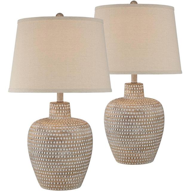 Regency Hill Rustic Southwestern Table Lamps 27" Tall Set of 2 Dappled Sandy Beige Oatmeal Fabric Drum Living Room Bedroom House Bedside