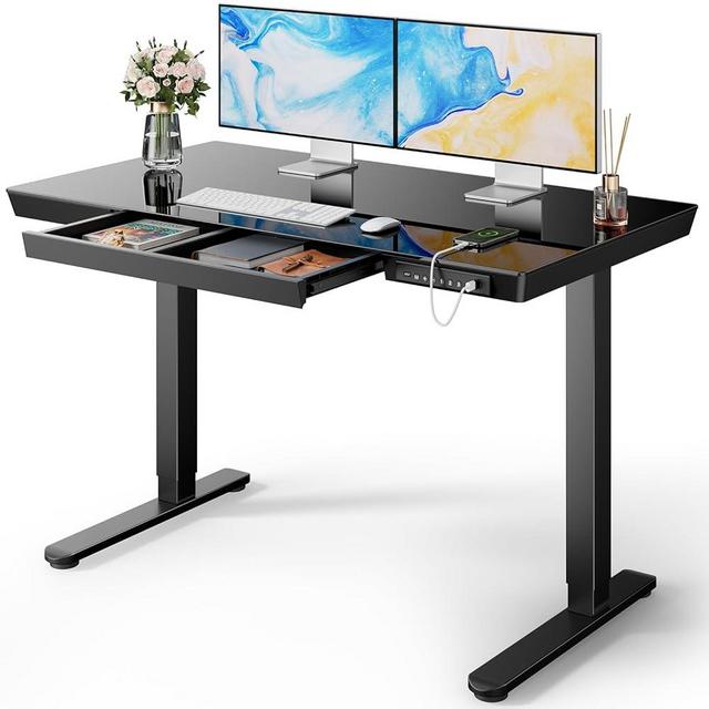 Marsail Glass Standing Desk with Drawer, 48 x 24 inch Electric Standing Desk, Height Adjustable Desk with One-Piece Tabletop & USB Charging Ports, Sit Stand Desk with Storage for Home & Office Black