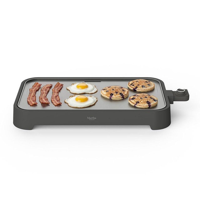 Martha Stewart 12” x 22” Electric Griddle, XL Ceramic Nonstick Flat Top Cooking Surface, Adjustable Temperature Dial, Drip Tray, Dishwasher Safe, 1500W Fast Even Heating, Pancakes & Eggs, Caviar Gray