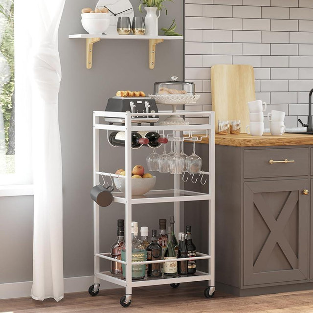TUTOTAK Bar Cart, Home Bar Serving Cart, Microwave Cart, Drink Cart, Mobile Kitchen Shelf with Wine Rack and Glass Holder, Rolling Beverage Cart BC01BW033