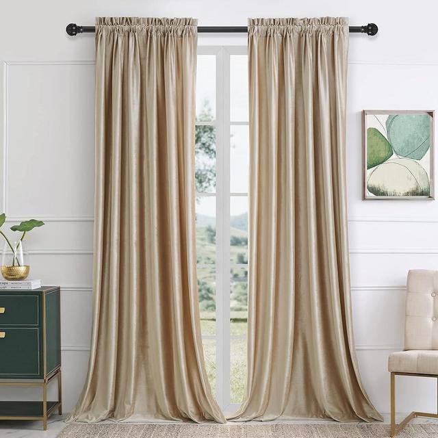 PRIMROSE Blackout Curtains 72 inch for Living Room Velvet Rod Pocket Window Drapes Treatment Semi Room Darkening Decor Champagne Curtains for Bedroom Set of 2 Panels