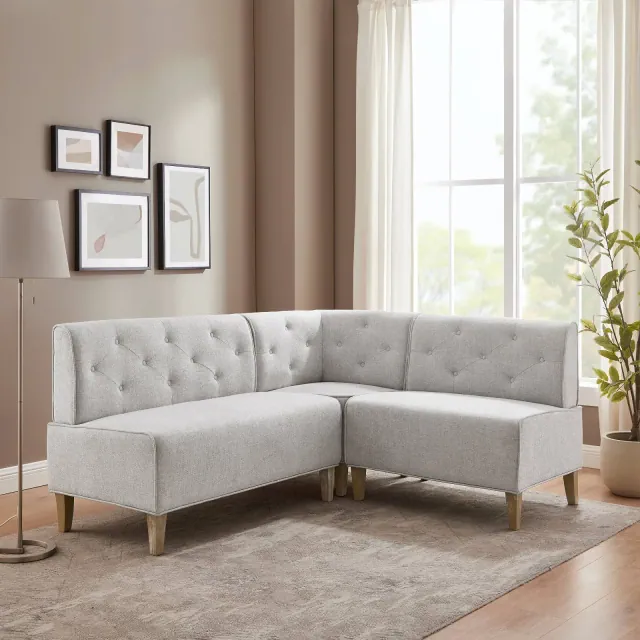 Axbridge Modern Fabric Fully Upholstered Tufted Back 3pc Corner Nook Light Gray - Powell
