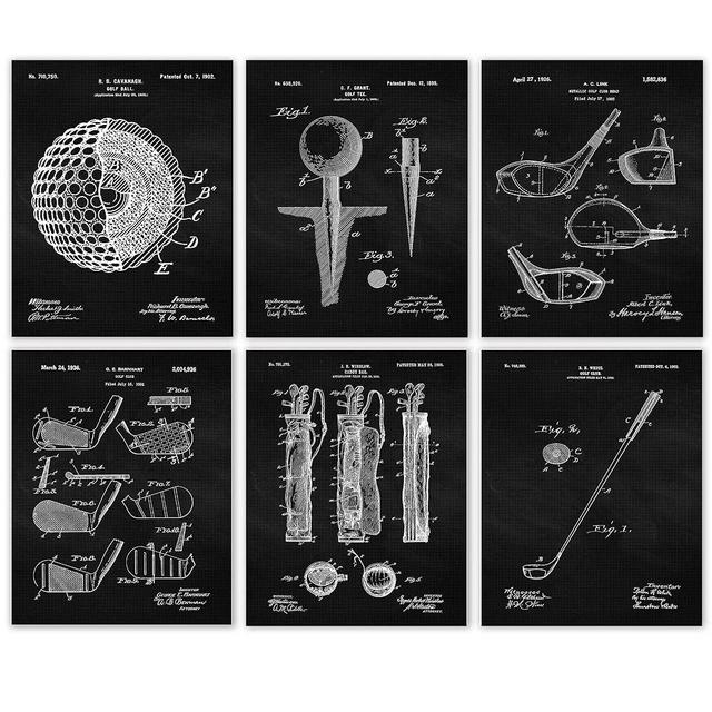Vintage Golfing Patent Prints, 6 (8x10) Unframed Photos, Wall Art Decor Gifts for Home Golf Office Tools Gears Garage Shop School Gym College Student Teacher Coach Team Caddie Putt Championship Fans