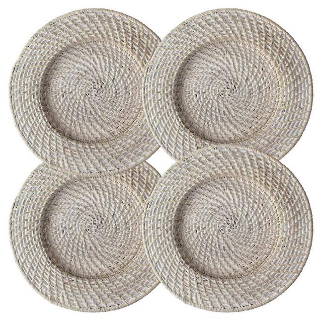Set of 4 Pack Wicker Charger Plates for Dinner, Party, Wedding | Woven Rustic Dinnerware Tableware Decoration Placemat Alternative (Whitewash)