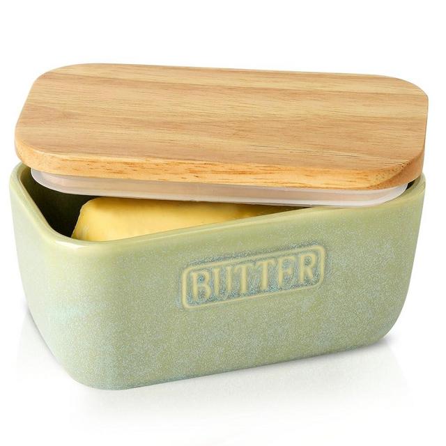 HVH Ceramic Butter Dish with Lid for Countertop, Airtight Butter Keeper with Wooden Lid, Butter Keeper Container with Cover, Butter Holder for East West Coast Butter (Turquoise, 6 x 3.5 x 2.7)