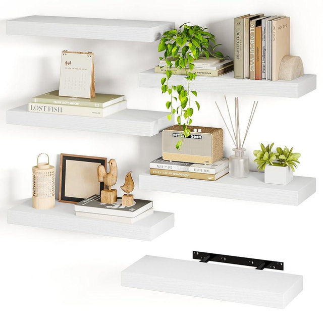 Fixwal 15.8in White Floating Shelves, Set of 6 Wood Shelves, Farmhouse Shelf Wall Decor for Bathroom, Bedroom, Living and Kitchen Room