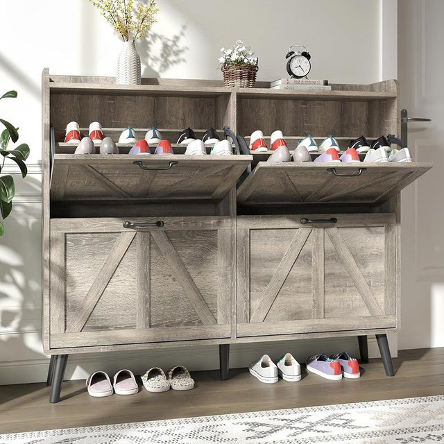 NOVAMAISON Shoe Cabinet with 4 Flip Drawers, Entryway Shoe Storage Cabinet Slim, Farmhouse Shoe Organizer Cabinet for Entryway, Narrow Hidden Shoe Cabinet with Wooden Legs, Washed Gray