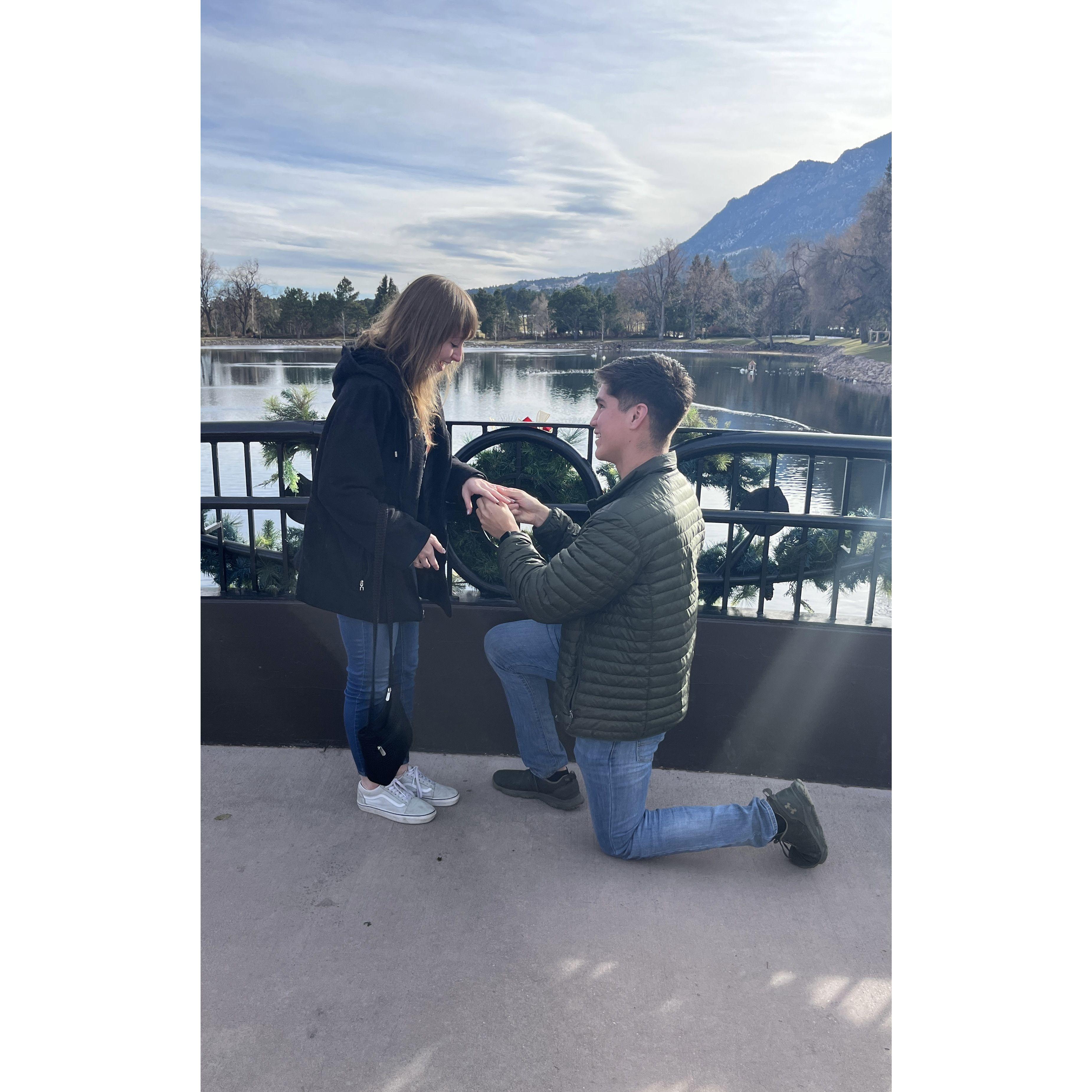 Isaac proposed here on the bridge at the Broadmoor Hotel!