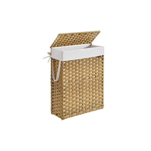 SONGMICS Slim Laundry Hamper with Lid, Synthetic Rattan Clothes Laundry Basket with Lid and Handles, Foldable, Removable Liner, Goose Yellow