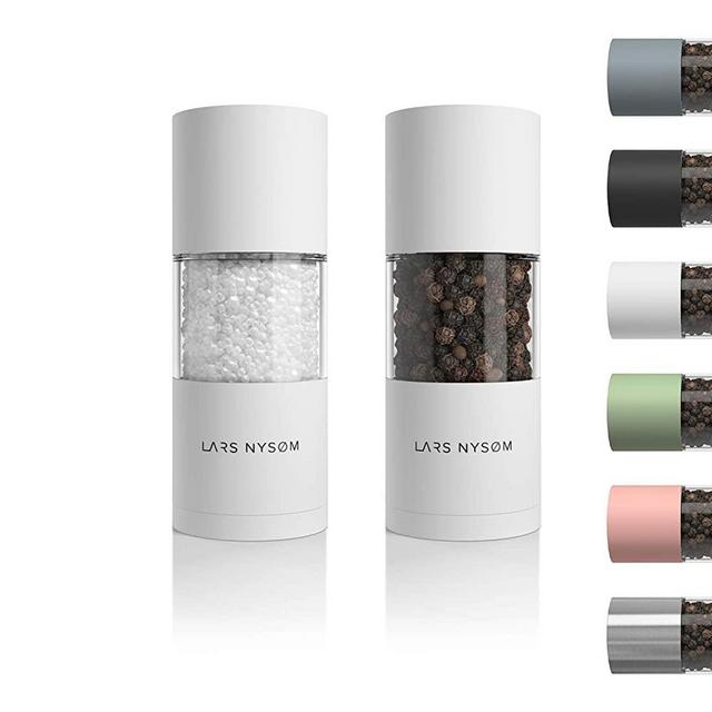 LARS NYSØM Stainless Steel Salt and Pepper Mills Set with Adjustable Ceramic Grinder 2 pieces I Design Spice Mills Set Manual (Set of 2, Snow White)