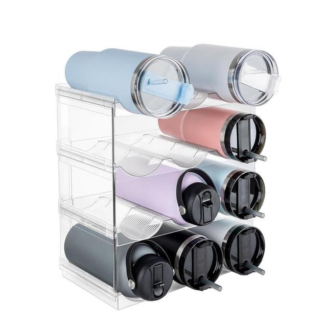 Water Bottle Organizer, Storage Holder for Kitchen Organization,Fridge, Pantry,Cabinet,Countertop,Cupboard- Plastic Cup Rack Shelf for Wine,Water,Drink- 4Layers,Each Rack Holds 16 Containers,Crystal