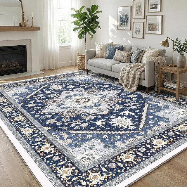 OPPODREAM Soft 8x10 Area Rugs for Living Room, Washable 8x10 Rugs for Bedroom with Non Slip Backing, Faux Cashmere Low-Pile 8 x 10 Carpet, Navy Blue & Gold