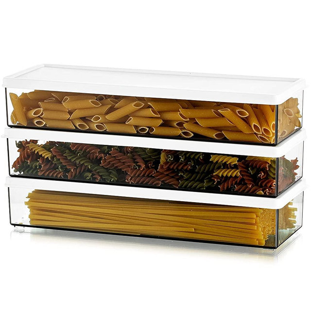 Pasta Containers for Pantry, Large Spaghetti & Noodle & Lasagna Canister, 3 Pcs Clear Grey Rectangular Canister with Lock Lids, Durable Plastic Food Keeper for Fridge Kitchen Cabinet Countertop
