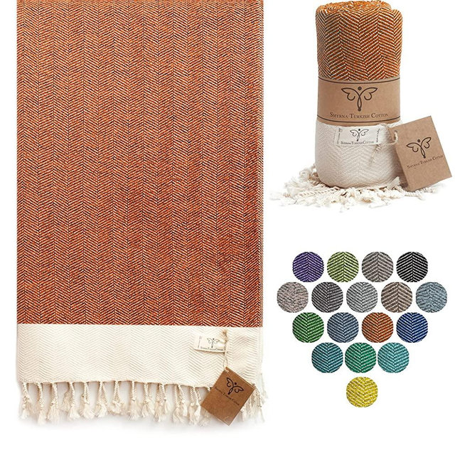 Smyrna Herringbone Series Original Turkish Beach Towel | 100% Cotton, Prewashed, 37 x 71 Inches | Peshtemal and Turkish Bath Towel for SPA, Beach, Pool, Gym and Bathroom (Orange)
