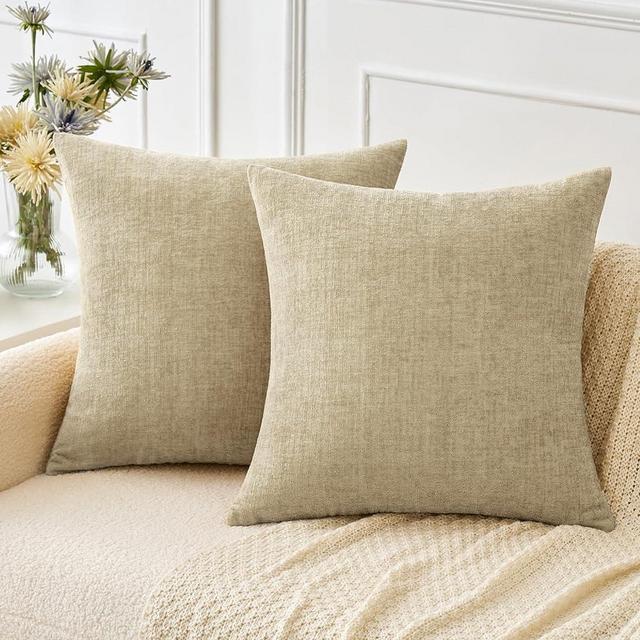 MIULEE Pack of 2 Beige Throw Pillow Covers 18x18 Inch Soft Chenille Pillow Covers for Sofa Living Room Couch Solid Dyed Cases