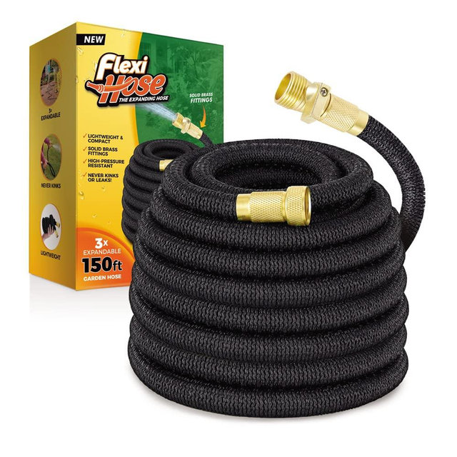 Flexi Hose Lightweight Expandable Garden Hose, No-Kink Flexibility, 3/4 Inch Solid Brass Fittings and Double Latex Core (150 FT, Black)