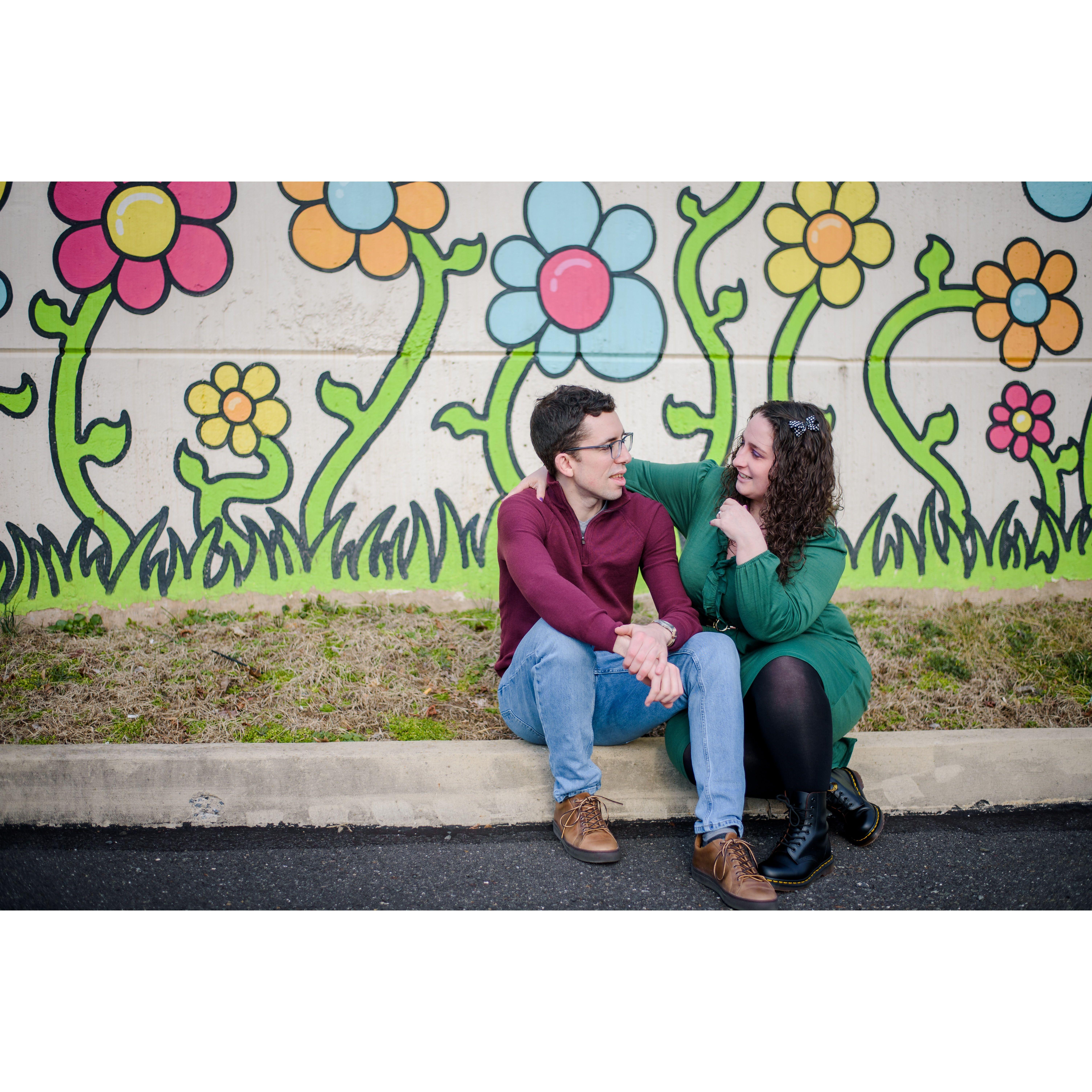 February 2023 - Engagement Photos at in Perkasie, PA (Ten Thousand Flower Project Wall)