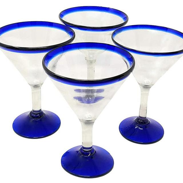 Mexican Hand Blown Glass – Set of 4 Hand Blown Modern Margarita Glasses - Blue Rim (12 oz)