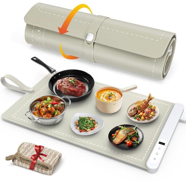 FYY Food Warming Mat - Electric Warming Tray with 6 Temperature Settings and 6 Hours Timer, Full Surface Graphene Heating Food Warmer, Premium Rollable Heating Tray for Gatherings, Parties, Khaki