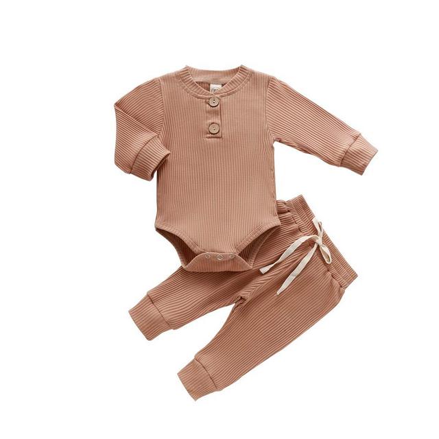 Newborn Baby Boy Girl Clothes Ribbed Knitted Cotton Long Sleeve Romper Long Pants Solid Color Fall Winter Outfits