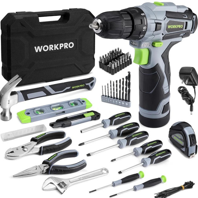 WORKPRO 108-Piece Portable Tool Set with Power Drill - Grey