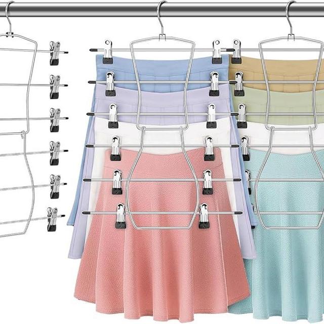 Pants Hangers,Space Saving one Pack Metal 6 Tier with Clips Holds 12 Skirts/Pants/Jeans/Shorts, w/360°Rotating Hook, Skirt Hangers Space Saving Closet Organizers and Storage (2PCS)