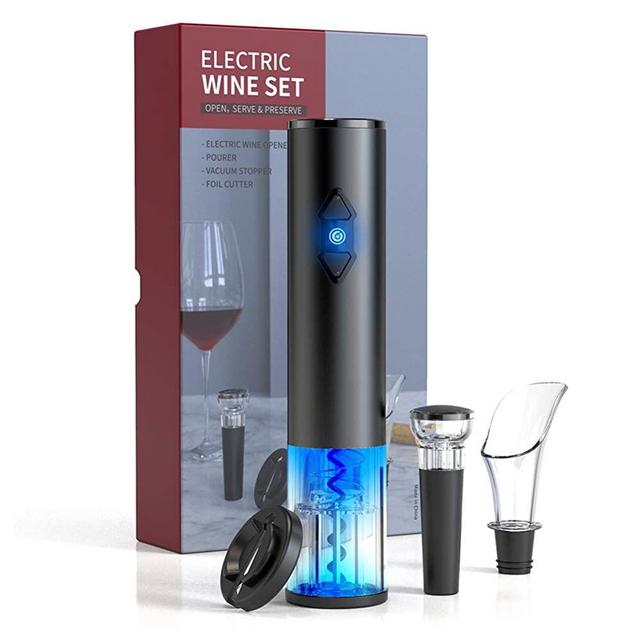 CIRCLE JOY Electric Wine Bottle Openers Set - Battery Powered Motorized Operated Cordless Automatic Corkscrew Opener Puller Kit with Attached Foil Cutter Vacuum Stopper Wine Aerator Pourer, Black
