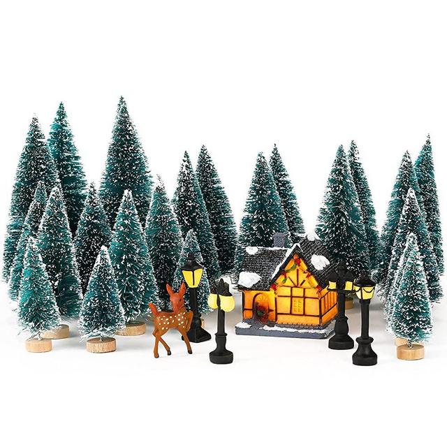 Marsui Christmas Pine Trees Artificial Snow Frost Trees Green Bottle Brush Trees with Christmas Miniature Village House, Mini Street Light, Deer Toys Figure for Christmas Decoration, Set of 30
