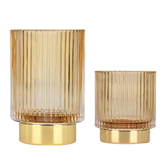 DASITON Makeup Brush holder Organizer,Crystal Cosmetic Makeup Brush Glass Brushes Storage Holder, Vintage Make Up Brush Cup Pen Pencil Holder striped vase(Coffee S+L)