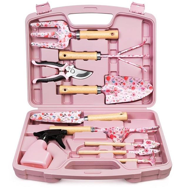 Grenebo 12-Piece Womens Gardening Tools Gift Set, Rust-Proof & Heavy-Duty Garden Tools with Durable Carrying Case, Fashionable & Thoughtful Gardening Gifts for Women&Men (Pink)