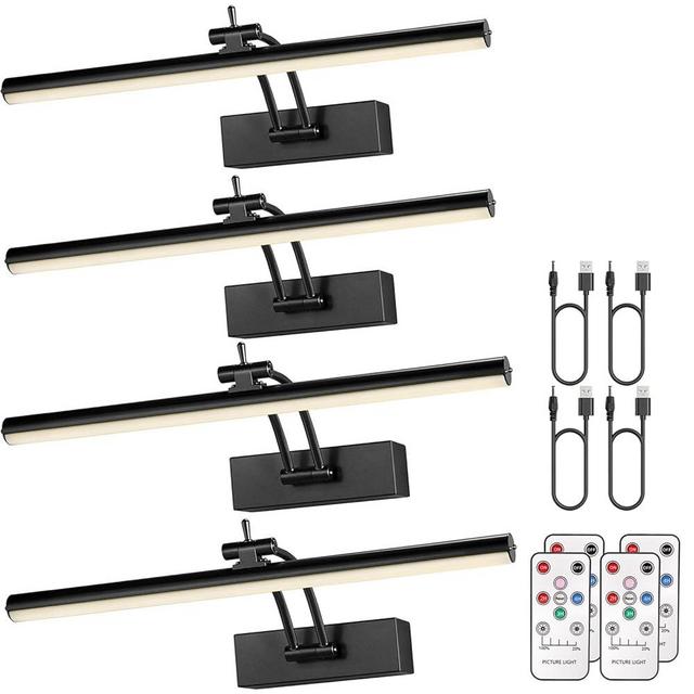Yuichoy 4 Pack Picture Light for Wall Battery Operated, 12inch Gallery Light, Wireless Art Lighting for Painting with Remote, Dimmable 4200mAh Picture Frame Lights, Black